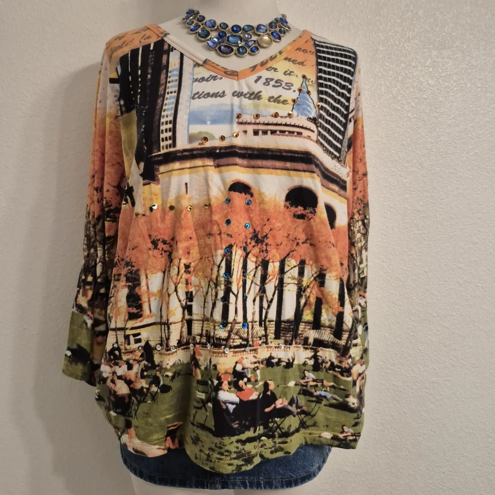 French Postcatds Scenic Novelty Print Long Sleeve Top Soft Womens Size L - Picture 5 of 12